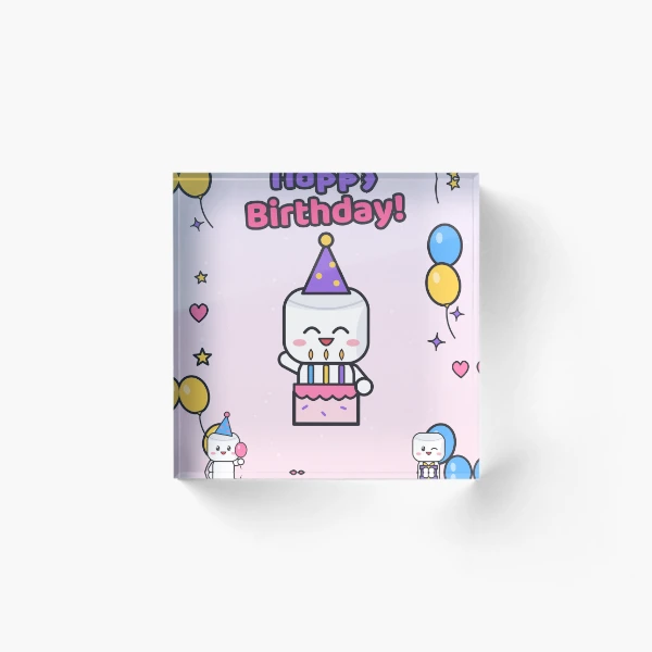Happy Birthday - Cute Party Marshmallow Pip with Cake and Balloons — Acrylic Block by BiMood