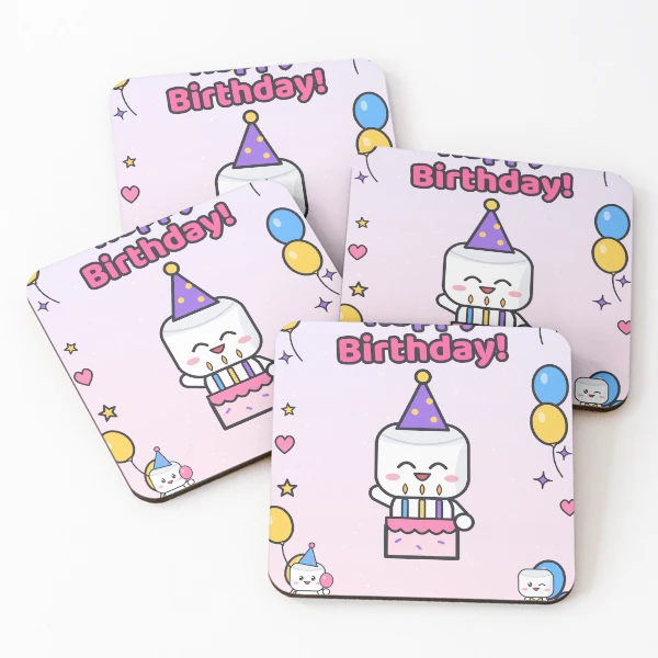 Happy Birthday - Cute Party Marshmallow Pip with Cake and Balloons — Coasters (Set of 4) by BiMood