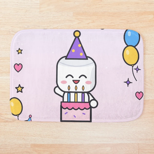 Happy Birthday - Cute Party Marshmallow Pip with Cake and Balloons — Bath Mat by BiMood