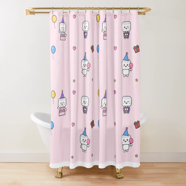 Happy Birthday - Cute Party Marshmallow Pip with Cake and Balloons — Shower Curtain by BiMood