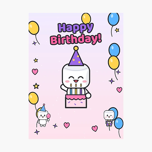 Happy Birthday - Cute Party Marshmallow Pip with Cake and Balloons — Photographic Print by BiMood