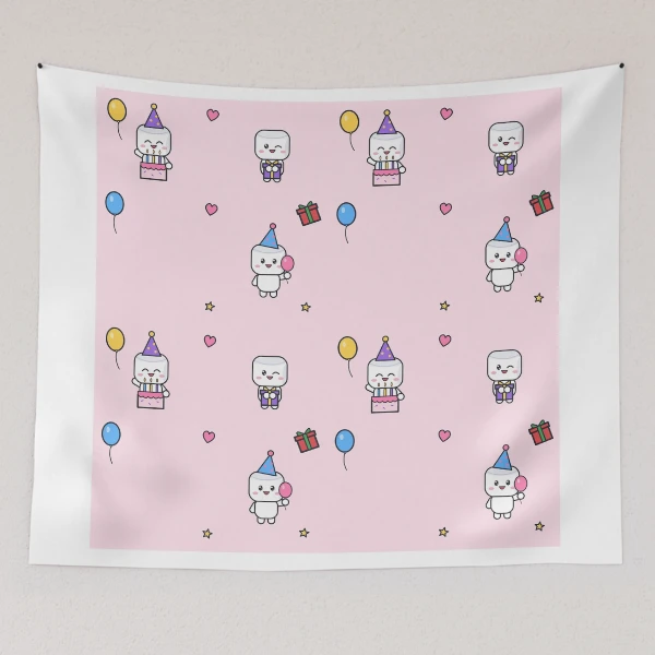 Happy Birthday - Cute Party Marshmallow Pip with Cake and Balloons — Tapestry by BiMood
