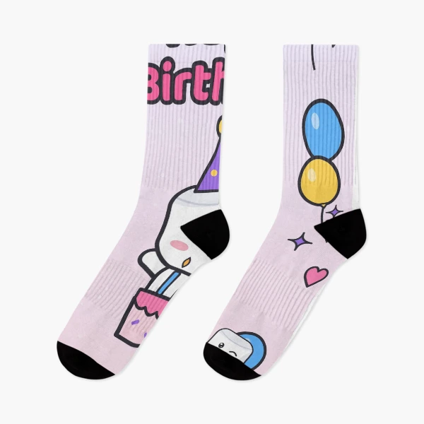 Happy Birthday - Cute Party Marshmallow Pip with Cake and Balloons — Socks by BiMood