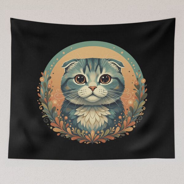 Item preview, Scottish Fold Cat - Folk Art Boho Portrait with Floral Wreath designed and sold by Lucid Dream Pixel.