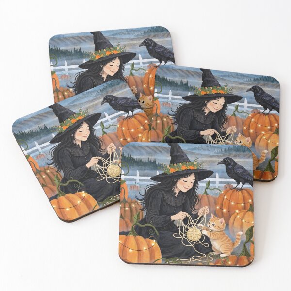 Item preview, Black witch and crow - Yarn Kitten Play - playing with kitten and yarn ball in pumpkin patch. designed and sold by DibujandoPorfa.