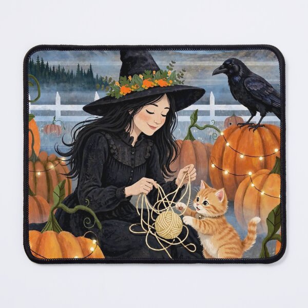 Item preview, Black witch and crow - Yarn Kitten Play - playing with kitten and yarn ball in pumpkin patch. designed and sold by DibujandoPorfa.