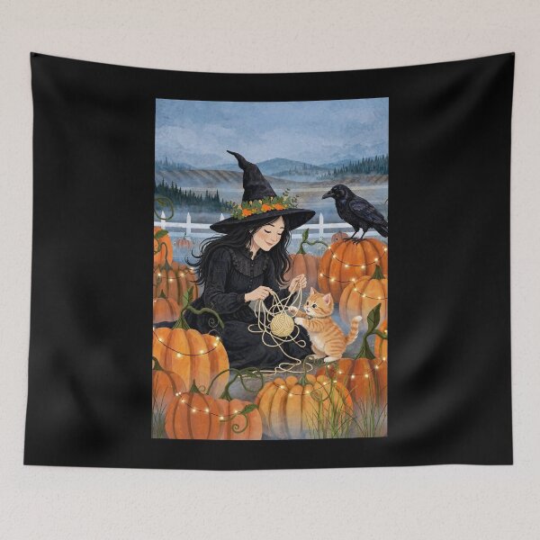 Item preview, Black witch and crow - Yarn Kitten Play - playing with kitten and yarn ball in pumpkin patch. designed and sold by DibujandoPorfa.