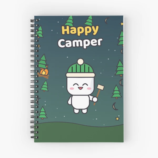 Happy Camper - Cute Marshmallow Pip Roasting by the Campfire — Spiral Notebook by BiMood