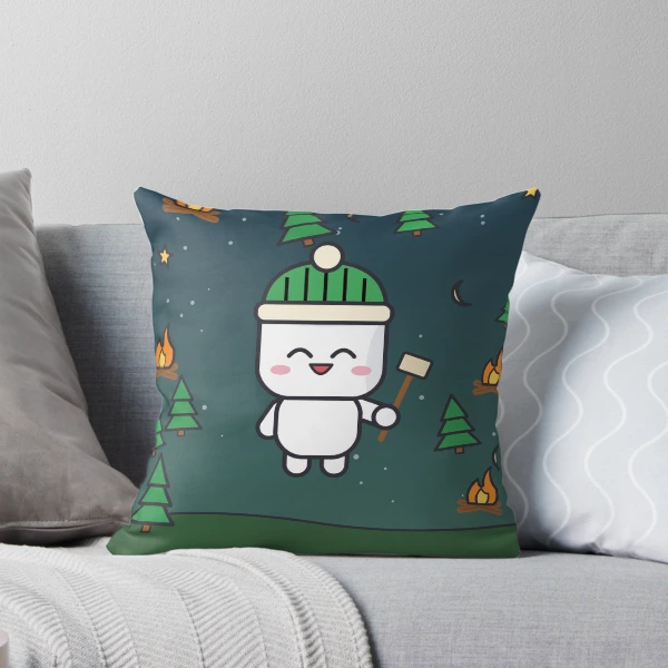 Happy Camper - Cute Marshmallow Pip Roasting by the Campfire — Throw Pillow by BiMood