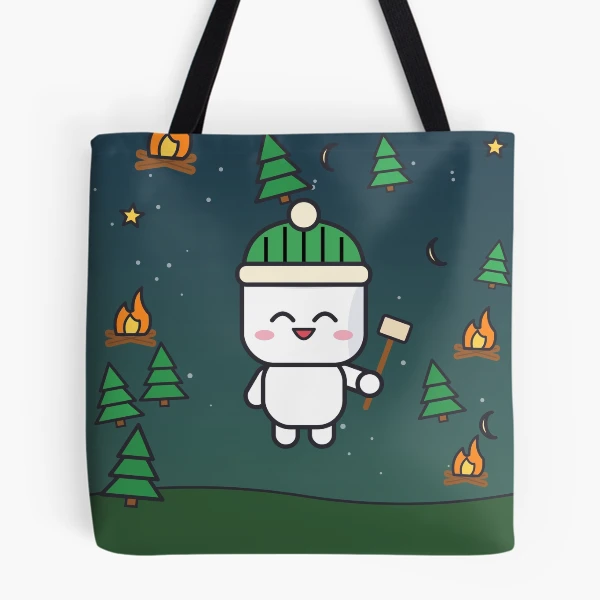Happy Camper - Cute Marshmallow Pip Roasting by the Campfire — All Over Print Tote Bag by BiMood