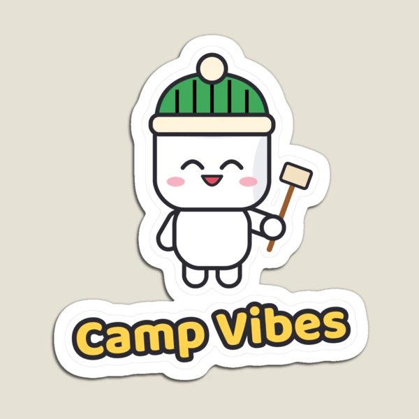 Happy Camper - Cute Marshmallow Pip Roasting by the Campfire — Magnet by BiMood