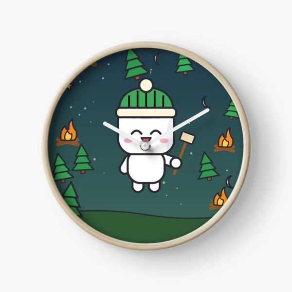 Happy Camper - Cute Marshmallow Pip Roasting by the Campfire — Clock by BiMood