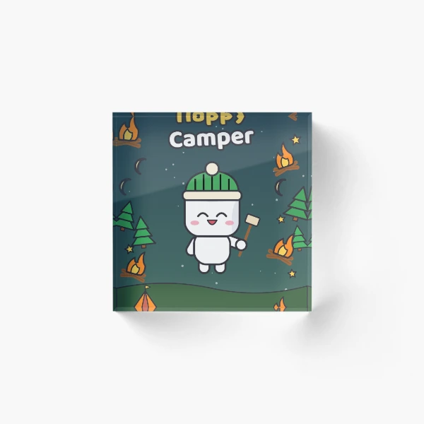 Happy Camper - Cute Marshmallow Pip Roasting by the Campfire — Acrylic Block by BiMood