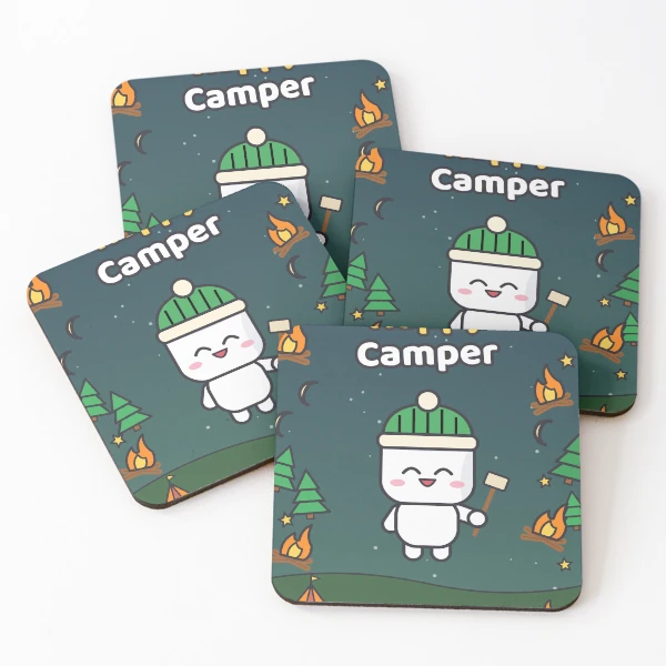 Happy Camper - Cute Marshmallow Pip Roasting by the Campfire — Coasters (Set of 4) by BiMood