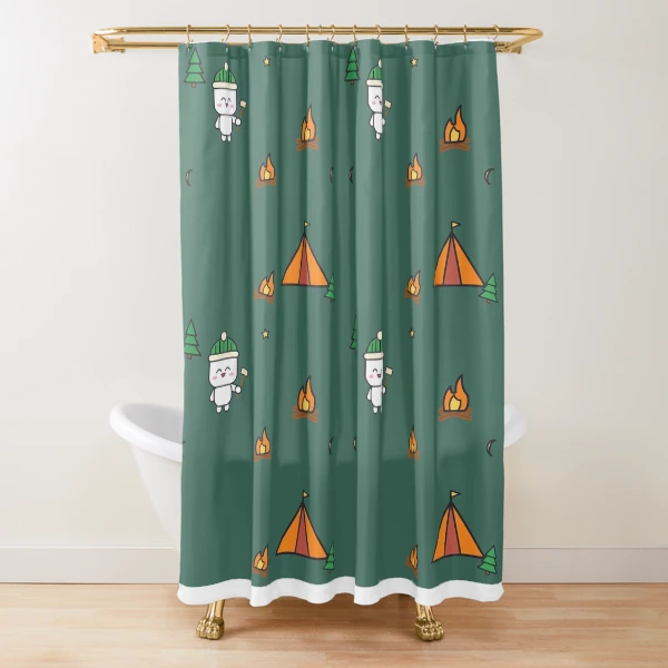 Happy Camper - Cute Marshmallow Pip Roasting by the Campfire — Shower Curtain by BiMood
