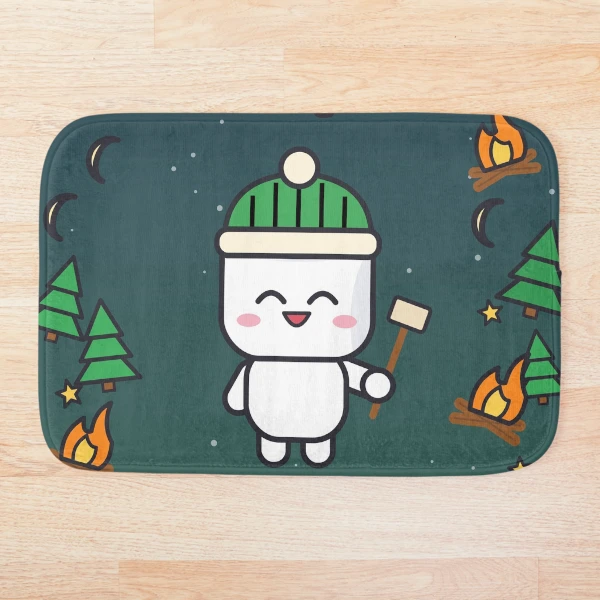 Happy Camper - Cute Marshmallow Pip Roasting by the Campfire — Bath Mat by BiMood
