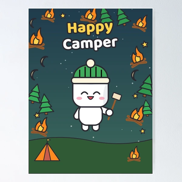 Happy Camper - Cute Marshmallow Pip Roasting by the Campfire — Poster by BiMood