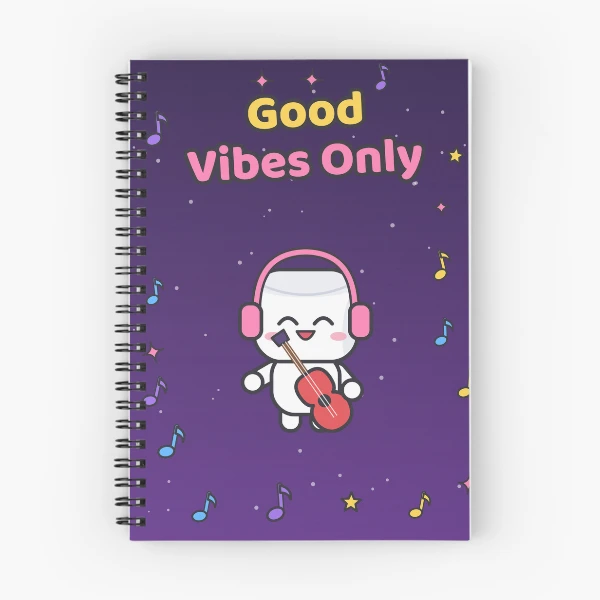 Good Vibes Only - Cute Music Lover Marshmallow Pip with Guitar — Spiral Notebook by BiMood