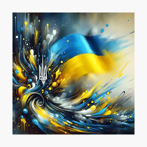 Item preview, Ukrainian trident and flag colors in abstract swirls and splatters, dynamic and expressive designed and sold by homydesign.