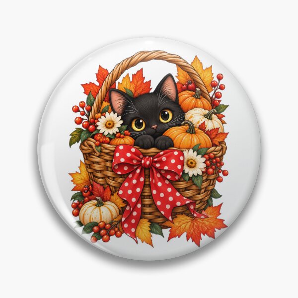 Item preview, Cute Black Cat in Autumn Pumpkin Basket with Red Polka Dot Bow designed and sold by RAYOUS.