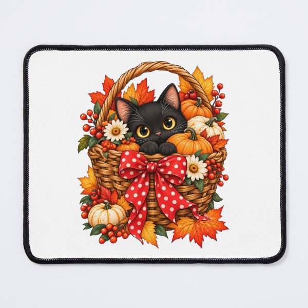 Item preview, Cute Black Cat in Autumn Pumpkin Basket with Red Polka Dot Bow designed and sold by RAYOUS.