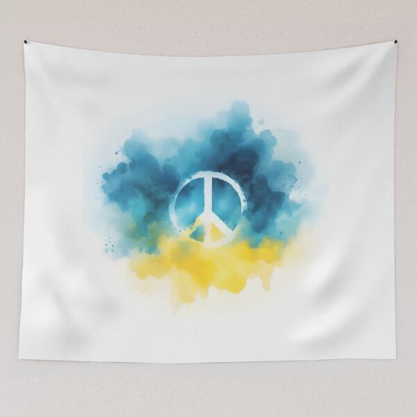 Item preview, Peace symbol in white, watercolor wash in blue and yellow hues, soft and delicate designed and sold by homydesign.