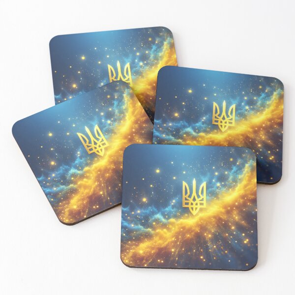 Item preview, Ukrainian trident in gold, amidst a celestial backdrop of blue and yellow hues, glowing particles, ethereal designed and sold by homydesign.