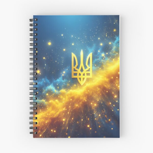 Item preview, Ukrainian trident in gold, amidst a celestial backdrop of blue and yellow hues, glowing particles, ethereal designed and sold by homydesign.