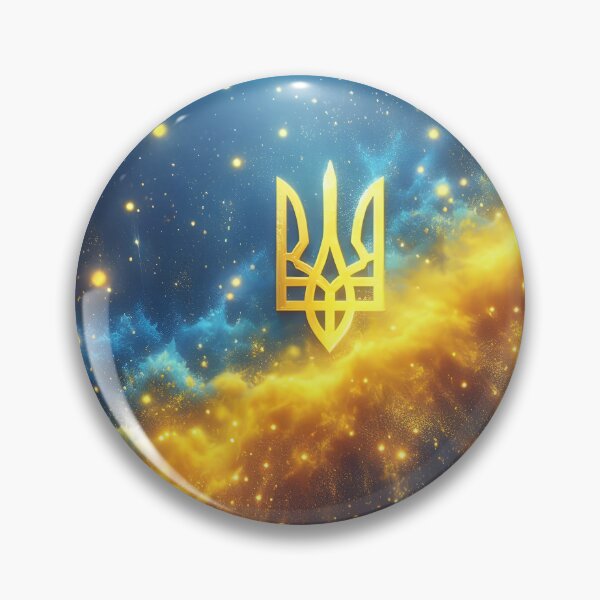 Item preview, Ukrainian trident in gold, amidst a celestial backdrop of blue and yellow hues, glowing particles, ethereal designed and sold by homydesign.