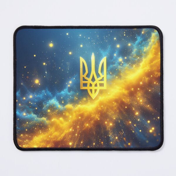 Item preview, Ukrainian trident in gold, amidst a celestial backdrop of blue and yellow hues, glowing particles, ethereal designed and sold by homydesign.