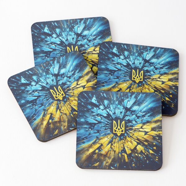 Item preview, Ukrainian trident in yellow, surrounded by exploding shards in blue and yellow hues, dynamic and powerful designed and sold by homydesign.