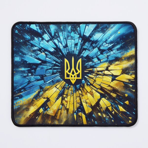 Item preview, Ukrainian trident in yellow, surrounded by exploding shards in blue and yellow hues, dynamic and powerful designed and sold by homydesign.