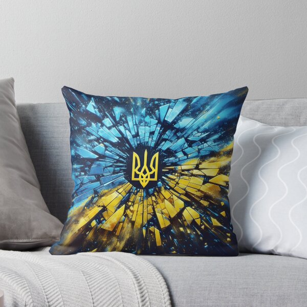 Item preview, Ukrainian trident in yellow, surrounded by exploding shards in blue and yellow hues, dynamic and powerful designed and sold by homydesign.