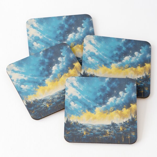 Item preview, Abstract cityscape with blue and yellow hues under a dynamic sky, creating a textured and atmospheric composition designed and sold by homydesign.