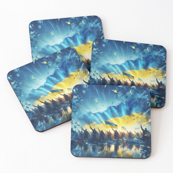 Item preview, Crowd holding Ukrainian flags, shattered glass framing, blue and yellow hues, dynamic and evocative designed and sold by homydesign.