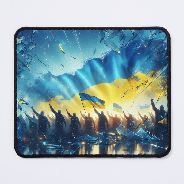 Item preview, Crowd holding Ukrainian flags, shattered glass framing, blue and yellow hues, dynamic and evocative designed and sold by homydesign.