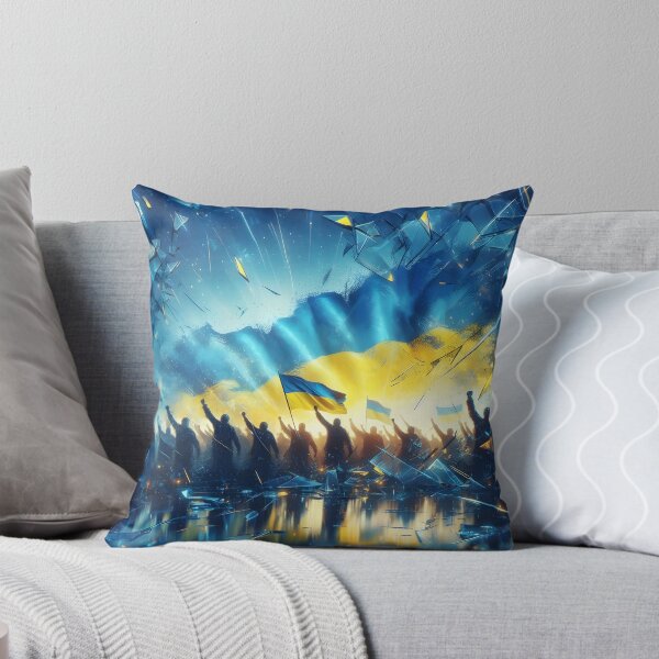 Item preview, Crowd holding Ukrainian flags, shattered glass framing, blue and yellow hues, dynamic and evocative designed and sold by homydesign.