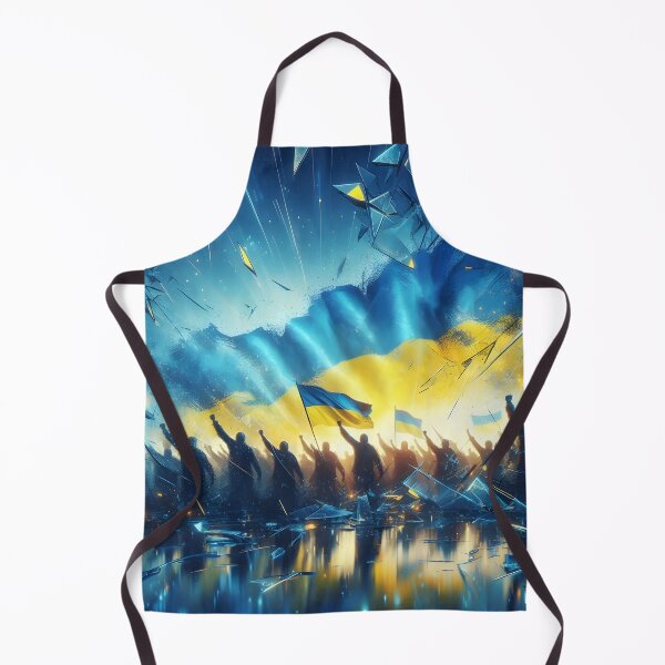 Item preview, Crowd holding Ukrainian flags, shattered glass framing, blue and yellow hues, dynamic and evocative designed and sold by homydesign.