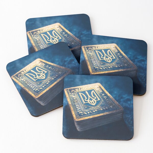 Item preview, Playing cards with Ukrainian trident symbol, low angle shot, dark blue textured surface, gold accents, vintage feel, patriotic imagery designed and sold by homydesign.