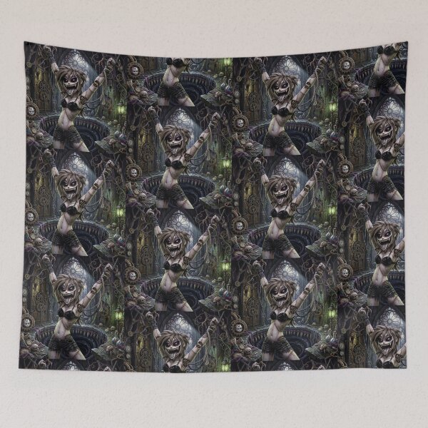 Item preview, Maniacal Automaton doll Zombie girl hanging in the dark halloween illustration designed and sold by Vintage Designs +.