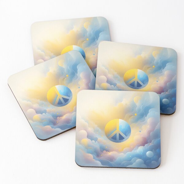 Item preview, Peace symbol in a circle, split blue and yellow, amidst cloud-like forms, soft and ethereal designed and sold by homydesign.