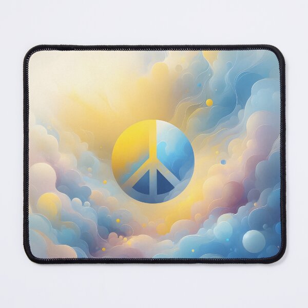 Item preview, Peace symbol in a circle, split blue and yellow, amidst cloud-like forms, soft and ethereal designed and sold by homydesign.