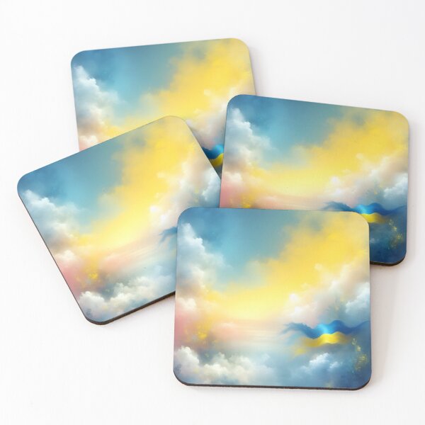 Item preview, Ukrainian flag ribbon flying amidst soft clouds in blue and yellow hues, ethereal sky designed and sold by homydesign.