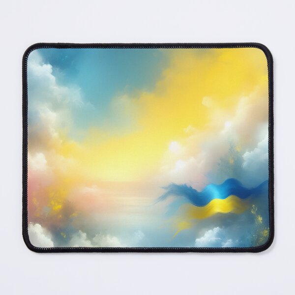 Item preview, Ukrainian flag ribbon flying amidst soft clouds in blue and yellow hues, ethereal sky designed and sold by homydesign.