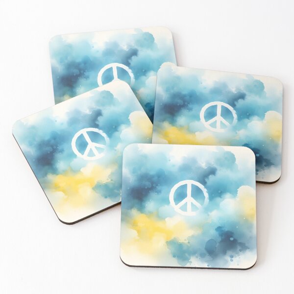 Item preview, Peace symbol in white, watercolor wash in blue and yellow hues, soft and ethereal designed and sold by homydesign.