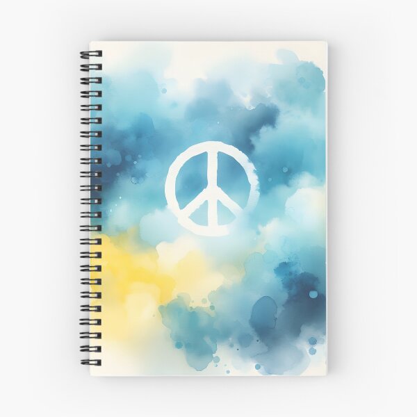 Item preview, Peace symbol in white, watercolor wash in blue and yellow hues, soft and ethereal designed and sold by homydesign.
