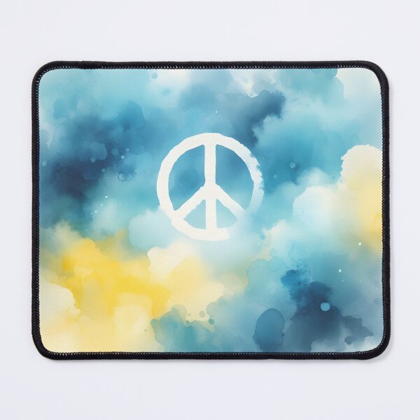 Item preview, Peace symbol in white, watercolor wash in blue and yellow hues, soft and ethereal designed and sold by homydesign.
