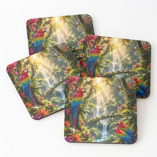 Item preview, Tropical Macaw Jungle Waterfall Tapestry | Vibrant Parrot Rainforest Wall Hanging | Lush Turquoise River Sunlight Jungle Art designed and sold by IRON SIREN.