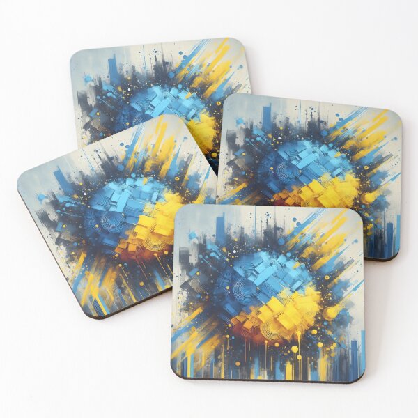Item preview, A stylized globe in blue and yellow hues with abstract cityscapes and dynamic brushstrokes, creating a vibrant composition designed and sold by homydesign.