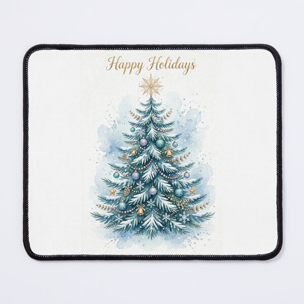 Item preview, Happy Holidays Watercolor Christmas Tree - Blue Snowy Pine with Gold Ornaments designed and sold by Deepsleepstudio.